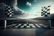 race track, with view of the finish line and checkered flag for dramatic finish, created with generative ai