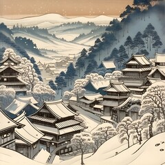 A snowy Japanese village in historic feudal Japan on a snowy day surrounded by snow-capped mountains and trees in Japanese woodblock style