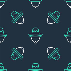 Poster - Line Traditional mexican sombrero hat icon isolated seamless pattern on black background. Vector