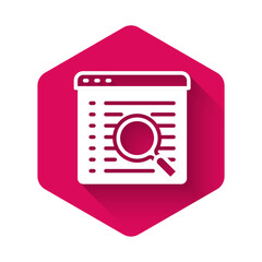 Sticker - White Search engine icon isolated with long shadow background. Pink hexagon button. Vector