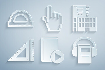 Sticker - Set Audio book, Mall or supermarket building, Triangular ruler, Pixel hand cursor and Protractor grid icon. Vector