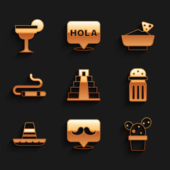 Sticker - Set Chichen Itza in Mayan, Mustache, Cactus or succulent pot, Salt, Mexican sombrero, Cigar, Nachos bowl and Margarita cocktail icon. Vector