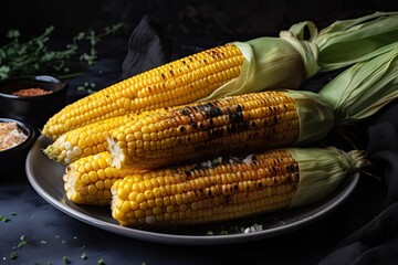 Wall Mural - grilled corn cobs on serving plate, with sprinkle of salt and pepper, created with generative ai