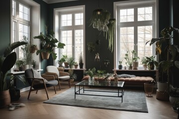 Canvas Print - stylish living room with indoor plants, glass windows and natural light, created with generative ai