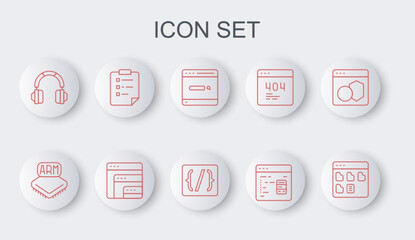 Set line Browser files, Processor, Search engine, Software, Headphones, Clipboard with checklist, and Programming language syntax icon. Vector