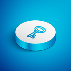 Wall Mural - Isometric line House key icon isolated on blue background. White circle button. Vector