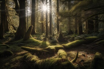 Poster - sunny forest with moss and light filtering through the trees, created with generative ai