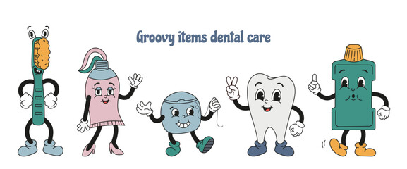 Dental hygiene items concept in old classic cartoon style. Vintage cute characters isolated on white background. Set of tooth, toothpaste, brush, dental floss, mouthwash. Dental care