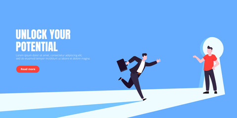 Unlock your opportunity concept with keyhole and ambitious man running to career potential and work financial success flat style vector illustration. New way business beginnings and unlock future.