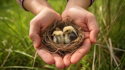 Nest with chicks in hands - grass background