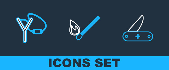 Sticker - Set line Swiss army knife, Slingshot and Burning match with fire icon. Vector