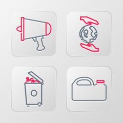 Sticker - Set line Canister for machine oil, Trash can, Hands holding Earth globe and Spread the word, megaphone icon. Vector