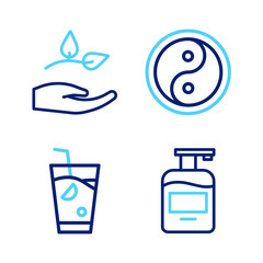 Sticker - Set line Bottle of liquid soap, Fresh smoothie, Yin Yang and Leaf hand icon. Vector