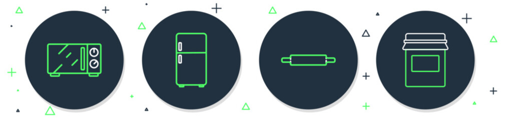 Poster - Set line Refrigerator, Rolling pin, Microwave oven and Jam jar icon. Vector
