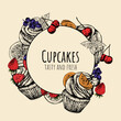 © Любовь Овсянникова - Round vector banner with sketch illustration of cupcakes. Sketch poster with sweets desserts bakery collection