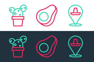 Sticker - Set line Mexican sombrero, Cactus or succulent in pot and Avocado fruit icon. Vector