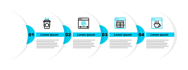 Wall Mural - Set line Software, MySQL code, Online play video and Coffee cup to go icon. Vector