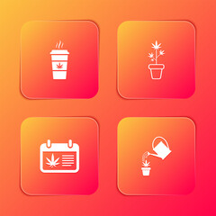 Sticker - Set Cup coffee with marijuana, Marijuana plant in pot, Calendar and and Watering can icon. Vector