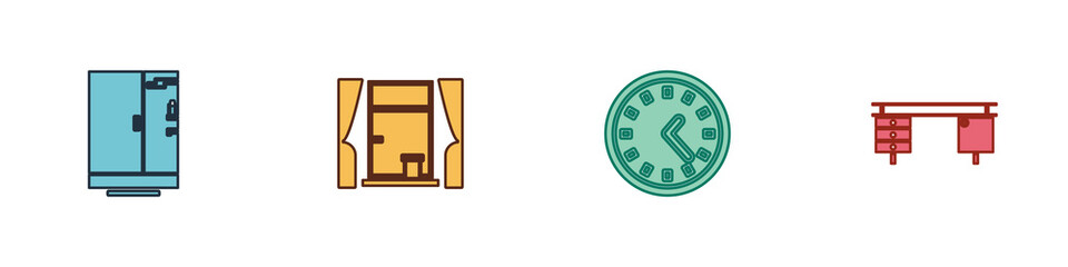 Sticker - Set Shower cabin, Window with curtains, Clock and Office desk icon. Vector