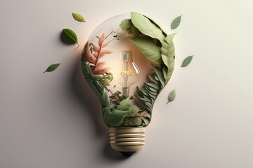 paper cut of eco friendly light bulb with green leaves, renewable and sustainable energy concept. ge