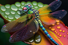 A Close-up Shot Of A Colorful Dragonfly Resting On A Green Leaf With Water Droplets. Generative AI