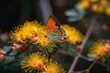 mimosa flower in bloom, surrounded by colorful butterflies, created with generative ai