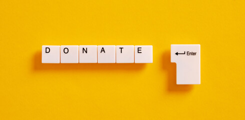 Wall Mural - Online donation, charity and relief work concept. Computer keyboard keys with the word donate.