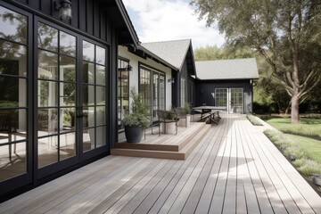 Poster - wooden deck with french doors, leading to modern farmhouse exterior, created with generative ai