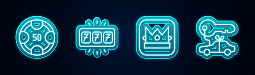 Poster - Set line Casino chips, Slot machine with jackpot, King playing card and Car gift. Glowing neon icon. Vector