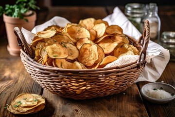 Poster - hand-cut potatoes chips, with the skin left on, served in basket, created with generative ai