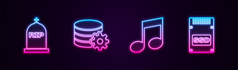 Sticker - Set line Tombstone with RIP written, Setting database server, Music note, and SSD card. Glowing neon icon. Vector