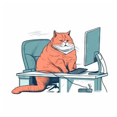 Wall Mural -  a cat sitting on a desk with a computer in front of it and a monitor on the desk behind it, with a caption that reads,.  generative ai