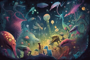 Wall Mural - cosmic zoo with alien creatures from other worlds and dimensions, including both peaceful and dangerous species, created with generative ai