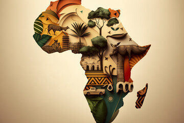 Wall Mural - African continent silhouette isolated on craft paper background with boho pattern. Africa day background with cut old paper. ai generative.