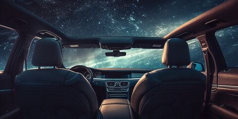 Wall Mural - Businessman driving a car in the starry night. Generative Ai