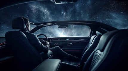 Wall Mural - Businessman driving a car in the starry night. Generative Ai