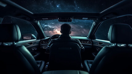 Wall Mural - Businessman driving a car in the starry night. Generative Ai