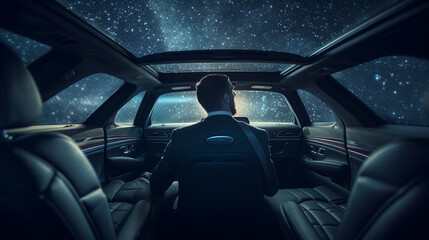 Wall Mural - Businessman driving a car in the starry night. Generative Ai