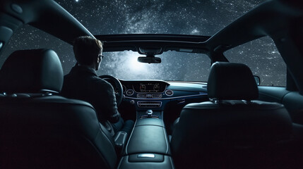 Wall Mural - Businessman driving a car in the starry night. Generative Ai