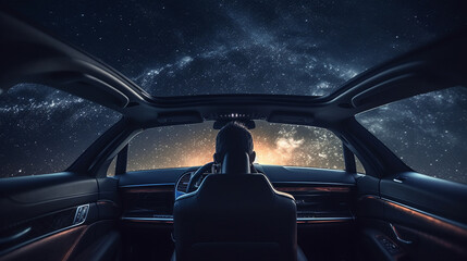 Wall Mural - Businessman driving a car in the starry night. Generative Ai