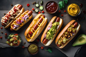 Wall Mural - a plate of hot dogs, each dressed with different condiments and toppings, created with generative ai