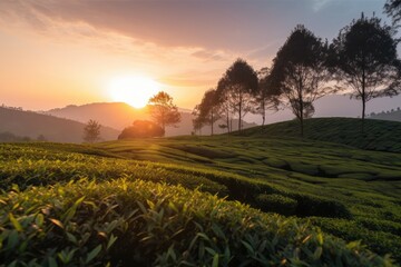 Poster - tea plantation sunset, with view of the mountains in the distance, created with generative ai