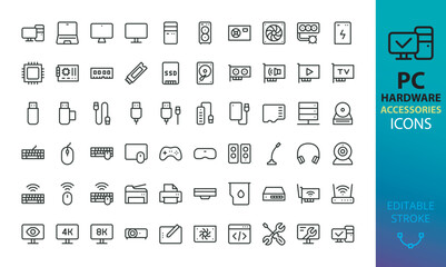 pc hardware and accessories icons set. set of computer parts, cpu, gpu, ssd, pc case, wireless mouse