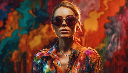 Canvas Print - fashion woman colorful, the bold eclectic fashion styles of the Y2K era. dressed in the latest fashion trends of the time, including chunky shoes, low-rise pants, crop tops, and oversized sunglasses