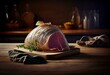 Ham in casing on wooden table. Generative AI
