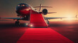 Airplane in the airport with red carpet and stairs. Generative Ai