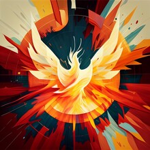 Christian Abstract Pentecost Image With A Dove And Holy Spirit, Set Against A Fiery Red And Orange Background