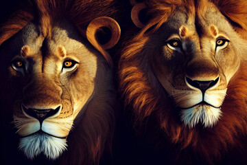 Two male lions with big manes, portrait on dark background, generative AI