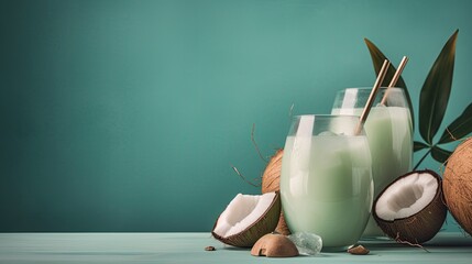 coconut milk cocktails, coconuts on the table, minimalistic still life, generative AI