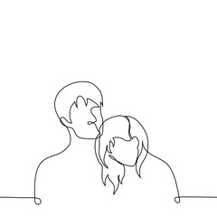 Wall Mural - woman laid her head on the chest of a man - one line drawing vector. touch concept, couple